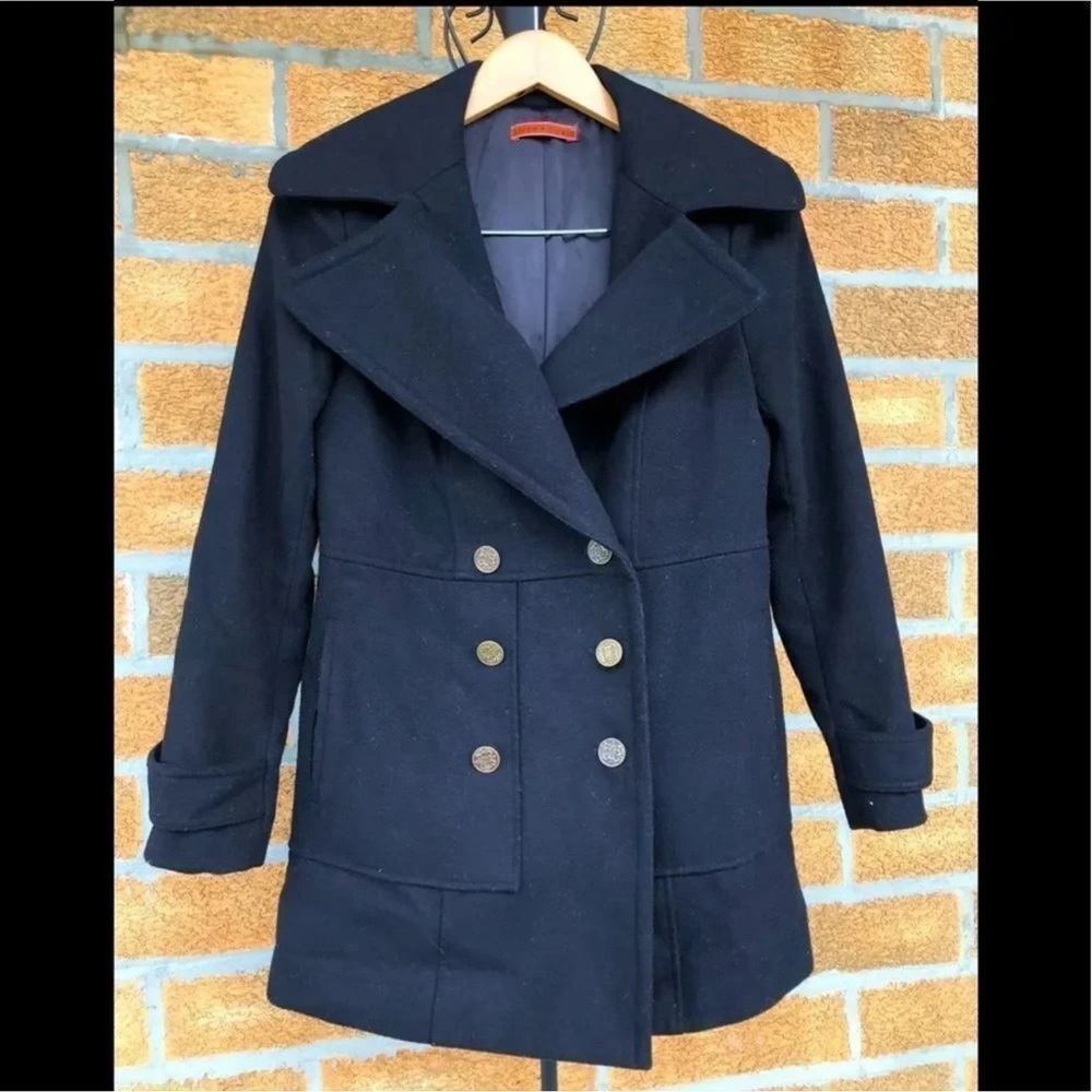 Alice + Olivia Coat Size S Black Peacoat Double Breasted Jacket Gunmetal Button
